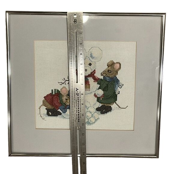 MICE BUILDING A SNOWMAN Completed Cross Stitch Framed Winter Holiday 14 X 15” - Picture 8 of 10